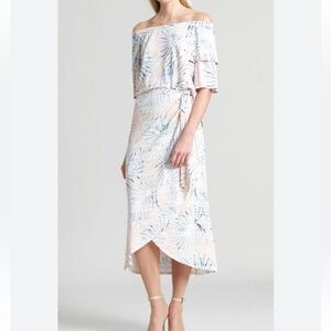 Clara Sun Woo Tropical Palm Leaf Off The Shoulder Blouse & Matching Wrap Skirt